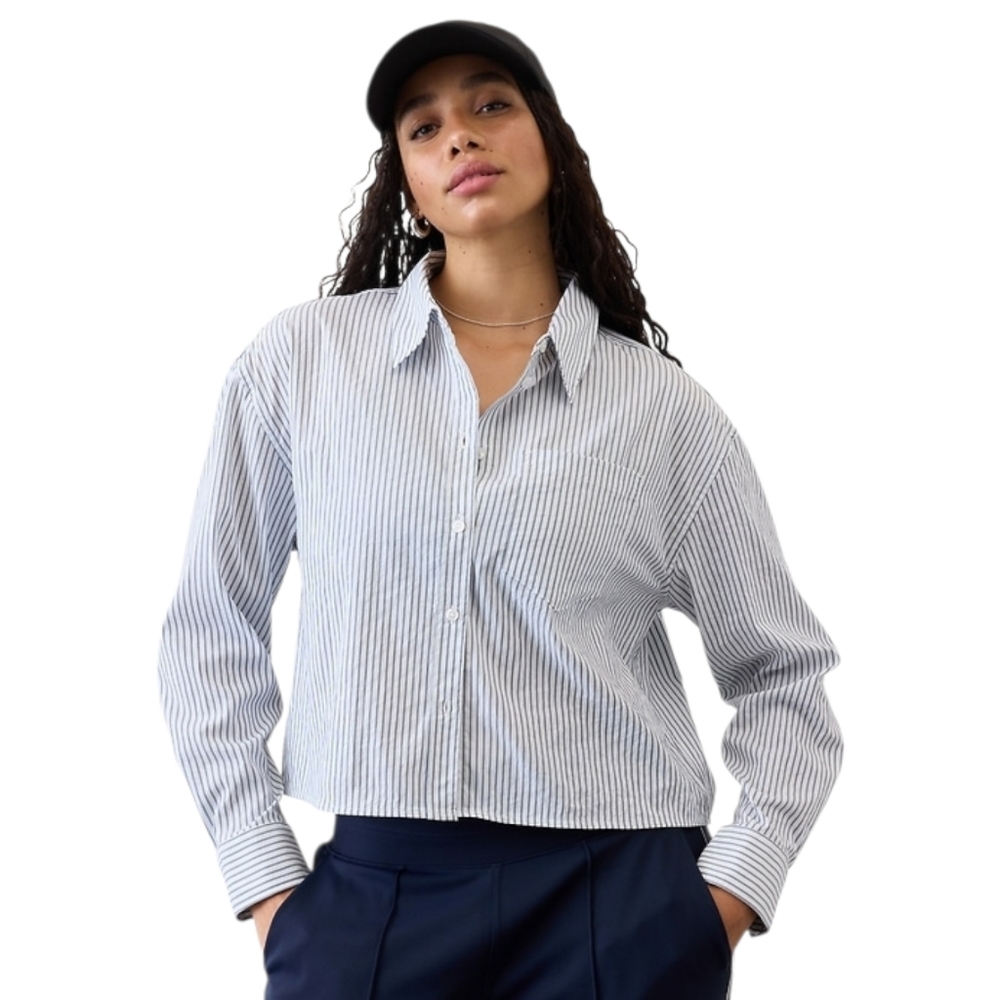 Athleta Midday Cropped Poplin Shirt White Gray Stripe Relaxed XL NWT
